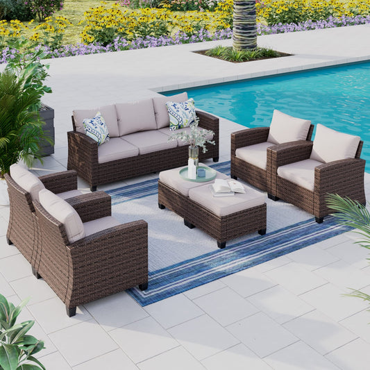 HERA'S HOUSE 7 Pieces Rattan Patio Furniture Set, 4 x Single Chair, 2 x Ottoman and 3-Seat Sofa with Cushions, 9 Seats Outdoor Wicker Sectional Conversation Set for Garden, Poolside, Backyard