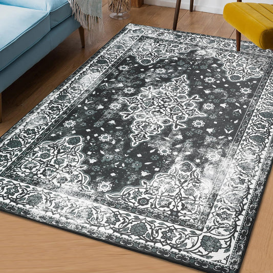 RUGICI Boho Area Rugs 4x6 Black Distressed Vintage Accent Rug for Bedroom Living Dining Laundry Room Kitchen Nursery Home Office Decor Tribal Floral Medallion Floor Throw Carpet No Slip