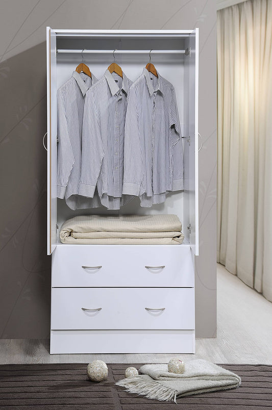 Two Door Wardrobe with Two Drawers and Hanging Rod, White.