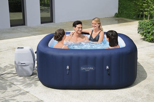 Bestway Hawaii SaluSpa 6 Person Inflatable Square Outdoor Hot Tub with 114 Soothing AirJets, Filter Cartridges, Pump, and Insulated Cover, Blue