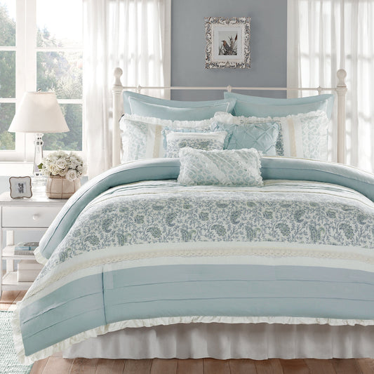Madison Park Dawn 100% Cotton Shabby Chic Comforter Set-Modern Cottage Design All Season Down Alternative Bedding, Matching Shams, Bedskirt, Decorative Pillows, King(104"x92"), Blue 9 Piece,Aqua