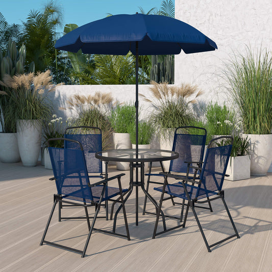 6 Piece Navy Patio Garden Set with Table, Umbrella and 4 Folding Chairs