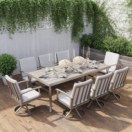 9 Piece Gray Patio Aluminum Dining Set with Swivel Dining Chairs and Dining Table