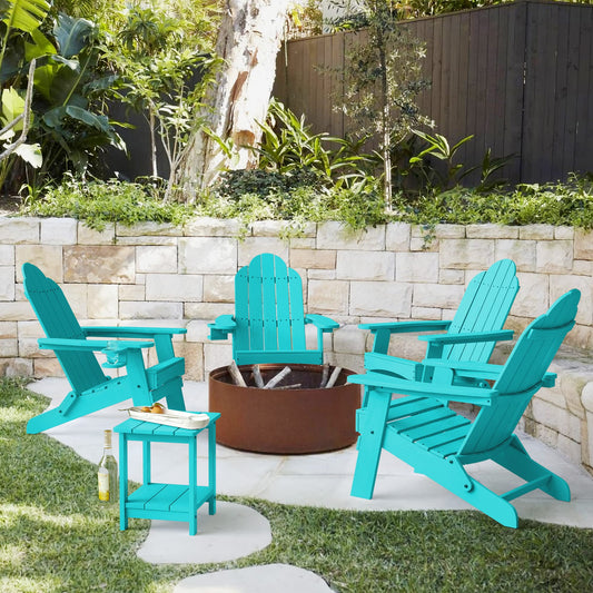 LUE BONA Folding Adirondack Chair Set of 4, Aruba Blue Poly Fire Pit Adirondack Chairs Weather Resistant, Modern Plastic Adirondack Chairs with Cup Holder, 300LBS, Outdoor Chairs for Pool Porch Beach