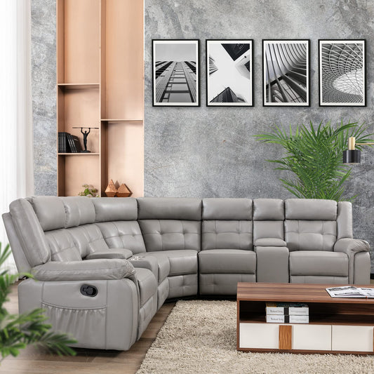 Foggy Gray Sectional PU Leather Sectional with 2 Consoles, Living Room Recliner Chair with Cup Holders and Storage