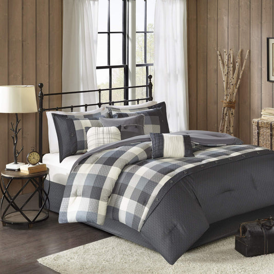 Cabin Lodge Plaid Herringbone Design, All Season Down Alternative Cozy Bedding with Matching Bedskirt, Shams, Decorative Pillow, Grey King(104"x92") 7 Piece