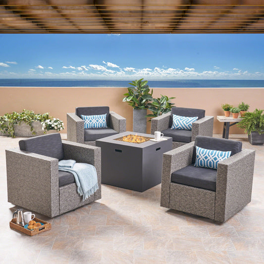 Fuller Outdoor 4 Piece Swivel Club Chair Set with Square Fire Pit, Mixed Black and Dark Gray