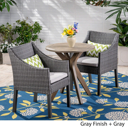 Outdoor 3 Piece Acacia Wood and Wicker Bistro Set, Gray with Gray Chairs