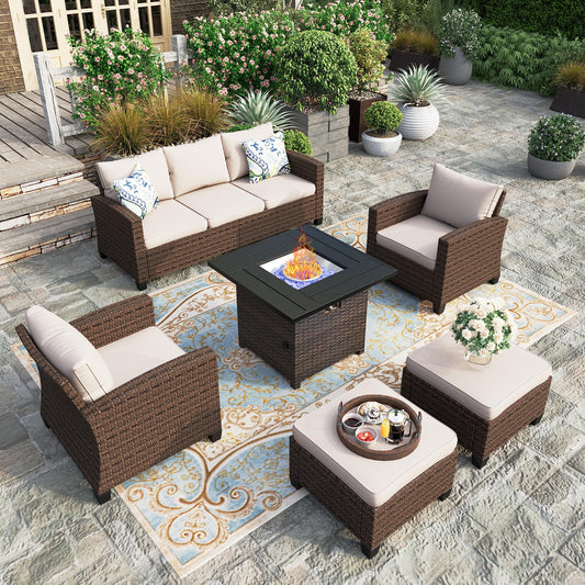 HERA'S HOUSE 6 Pieces Wicker Patio Furniture Set with Fire Pit Table, 2 x Single Chair, 2 x Ottoman, 3-Seat Sofa with Fire Pit Table, Outdoor Rattan Conversation Set for Garden, Poolside, Backyard