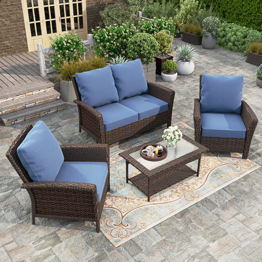 HERA'S HOUSE 4 Pieces Wicker Patio Furniture Set, 2 x Single Chair, 1 x Glass Top Coffee Table and 2-Seat Lover Sofa, All Cushioned Outdoor Conversation Set for Garden, Poolside, Backyard, Navy Blue