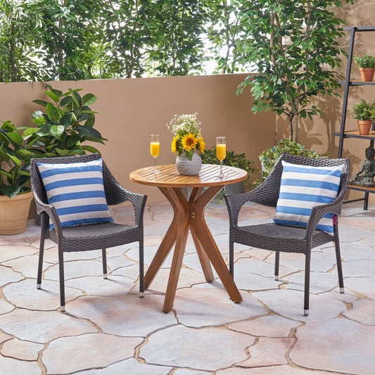 Payton Outdoor 3 Piece Acacia Wood and Wicker Bistro Set, Teak with Multi Brown Chairs
