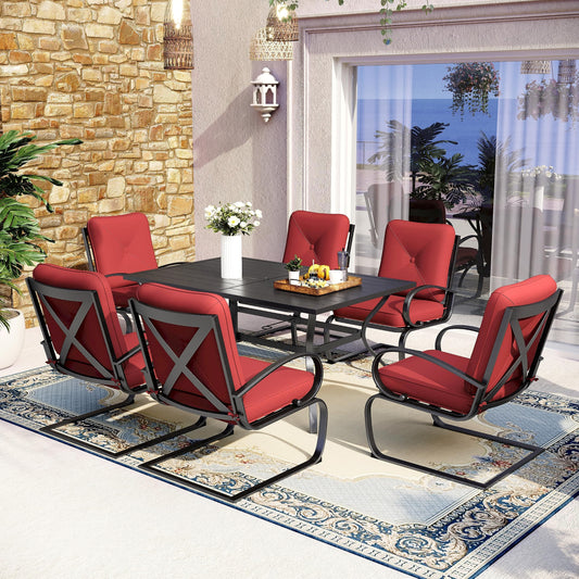 MFSTUDIO 7 Piece Outdoor Patio Dining Set 6 Spring Motion Cushion Chairs, 1 Rectangular Table with 1.57" Umbrella Hole Furniture Sets for Lawn Backyard Garden, Red