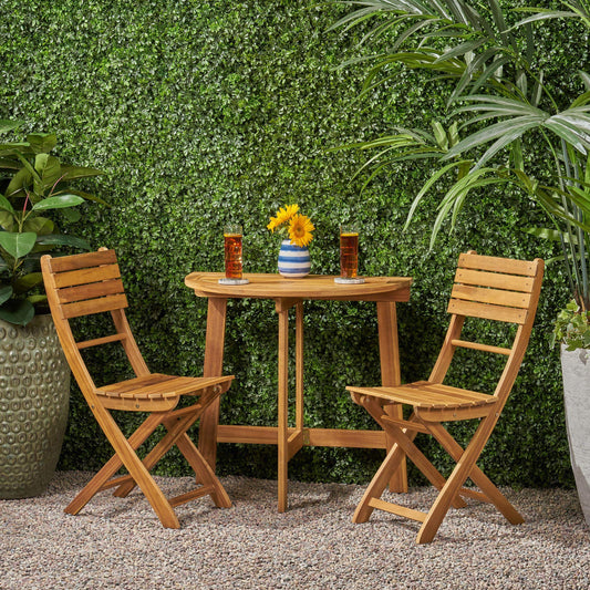 Miranda Outdoor 2 Seater Half-Round Folding Acacia Wood Bistro Table Set, Natural
