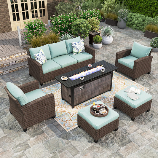 HERA'S HOUSE 6 Pieces Wicker Patio Furniture Set with Fire Pit Table, 2 x Single Chair, 2 x Ottoman, 3-Seat Sofa with 56" Fire Pit Table, Outdoor Conversation Set for Garden, Poolside, Backyard, Blue