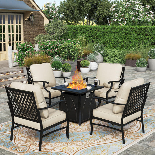 HERA'S HOUSE 5 Pieces Patio Furniture Set with Fire Pit Table, 4 x Thick Cushioned Chairs, 1 x Fire Pit Table (50,000 BTU), All Weather Outdoor Conversation Set for Garden, Backyard, Lawn