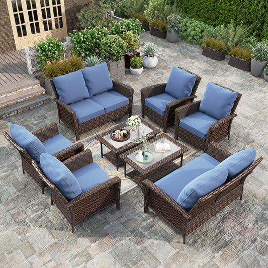 HERA'S HOUSE 8 Pieces Wicker Patio Furniture Set, 4 x Single Chair, 2 x Glass Top Coffee Table, 2 x 2-Seat Lover Sofa, All Cushioned Outdoor Conversation Set for Garden, Poolside, Backyard, Navy Blue