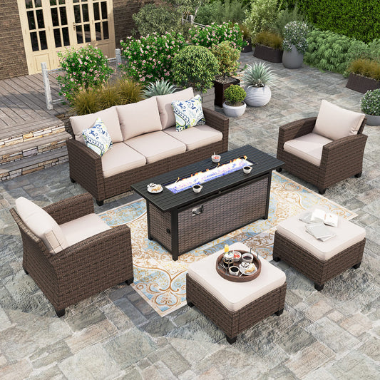 HERA'S HOUSE Patio Furniture Set with Fire Pit Table, 2 x Single Chair, 2 x Ottoman, 3-Seat Sofa with 56" Fire Pit Table, 6 Pieces Outdoor Wicker Conversation Set for Garden, Poolside, Backyard, Beige