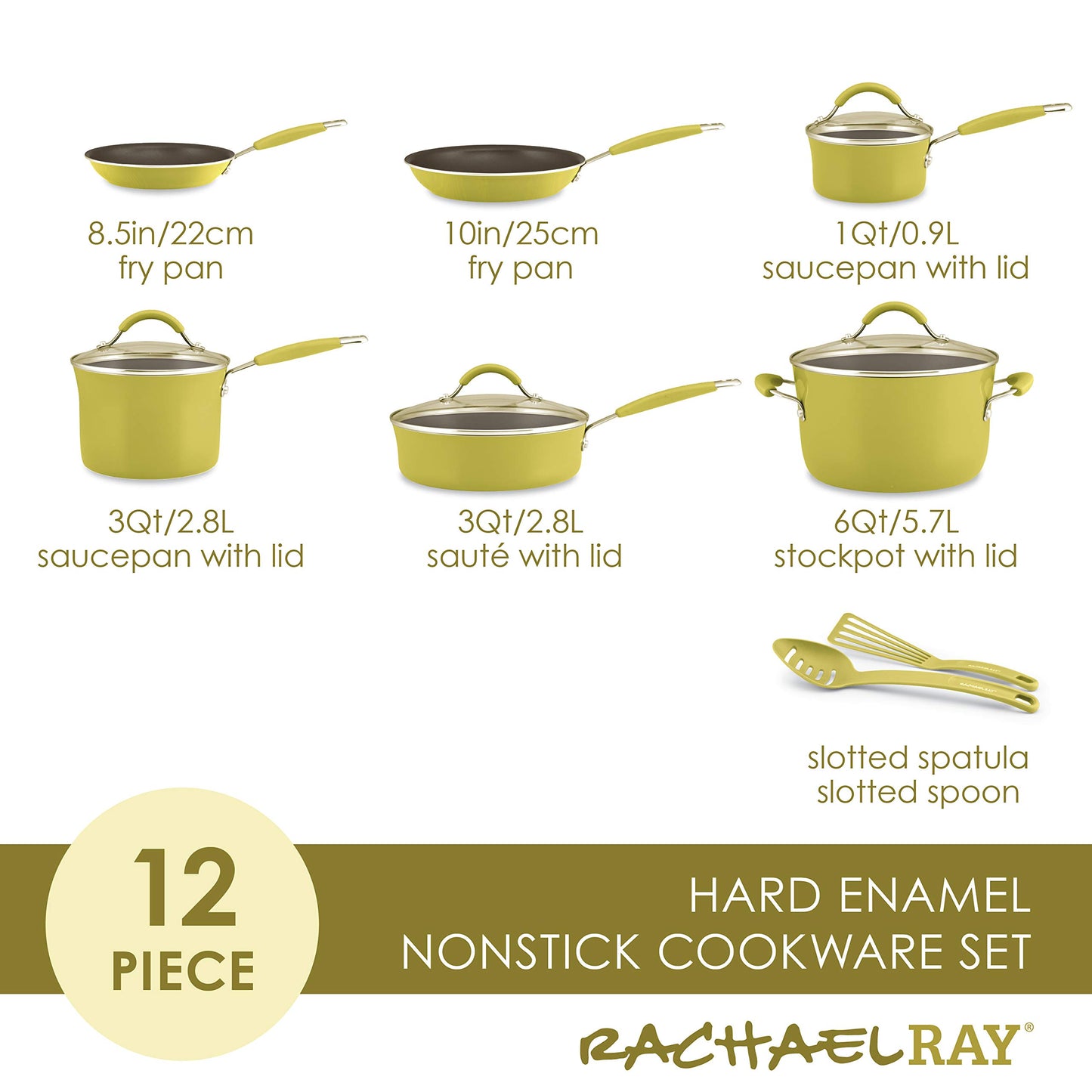 Rachael Ray Cucina Nonstick Cookware Pots and Pans Set, 12 Piece, Lemongrass Green